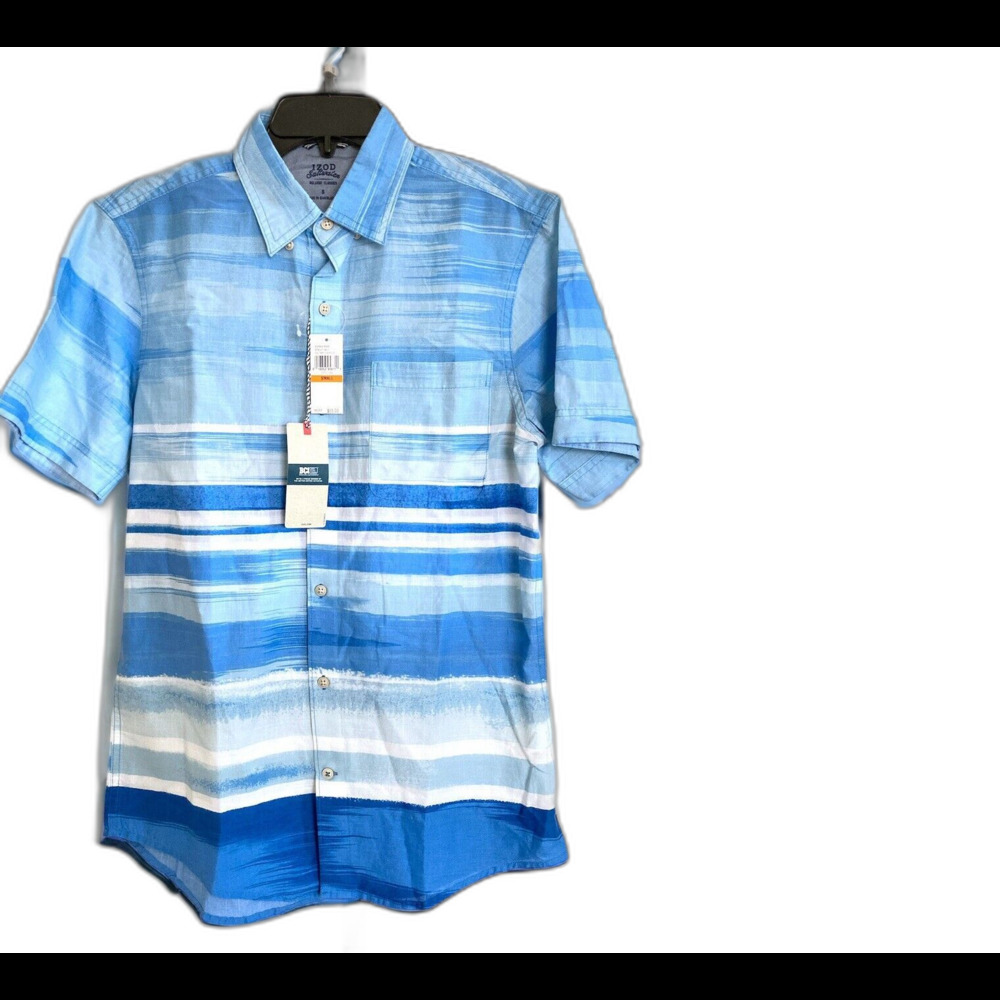 Men's Small IZOD Saltwater Dockside Button Front Shirt Blue Striped Athletic Fit